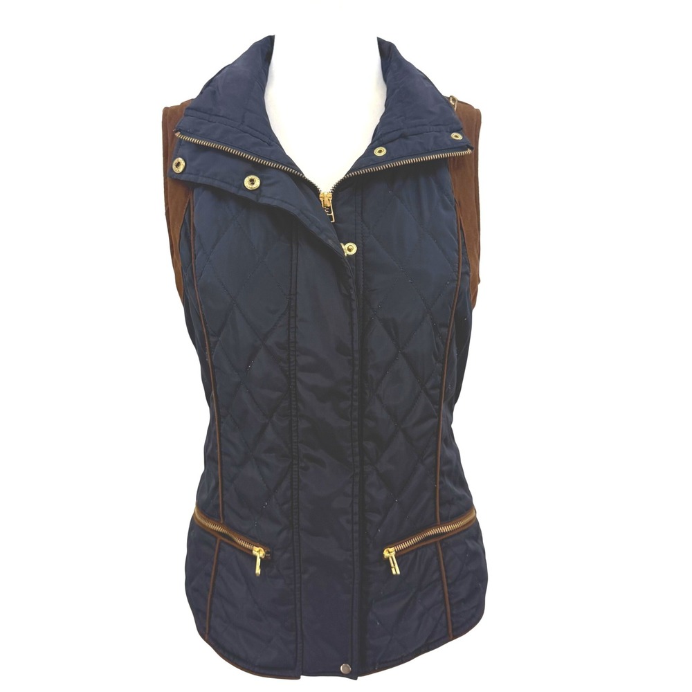 Zara Basic Navy Blue Quilted Puffer‎ Vest Brown Suede Trim Hidden Hood Womens M